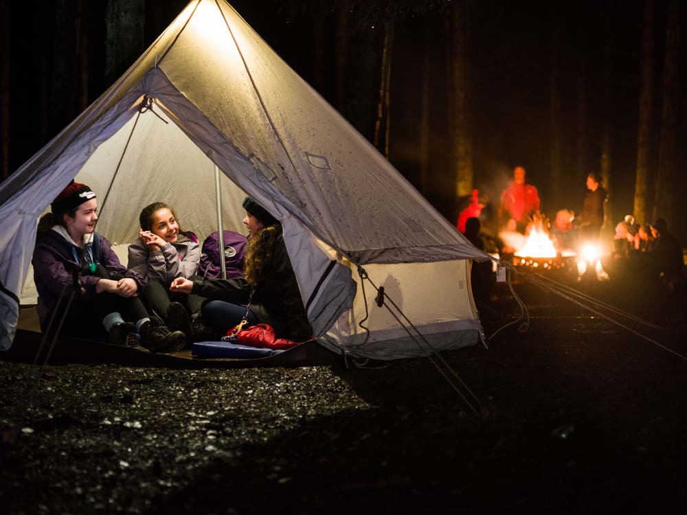 Three Cubs in a tent with campfire